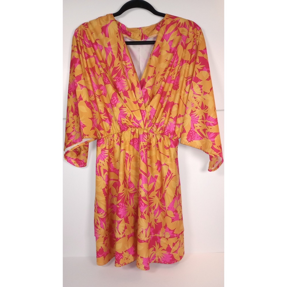 Pink Orange Floral Kimono V-Neck Flared Sleeve Mini Dress Boho Party Medium - Picture 3 of 4
